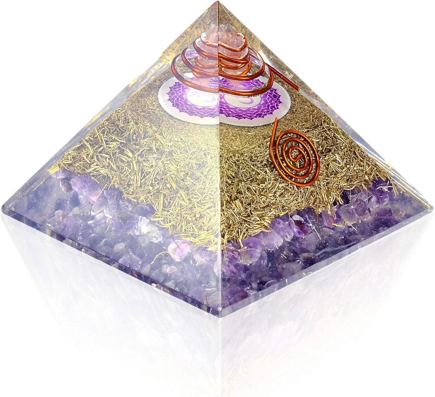 Mixed Media - Orgone Pyramid Energy Generator - Crown Chakra Symbol Orgonite Amethyst Crystal Pyramid with Brass Metal for E-Energy Protection - Chakra Balancing-Healing-Meditation-Yoga