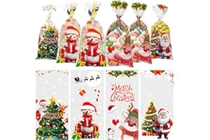QOIUSO 60 Pcs Christmas Treat Bags with Ties – 4 Festive Designs Clear Cellophane Holiday Gift Bags for Candy, Cookies, Goodies & Party Favors