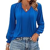 Uhiger Womens Tunic Tops 3/4 Sleeve Blouses for Women Dressy Casual V Neck Shirts Drawstring Smocked Top