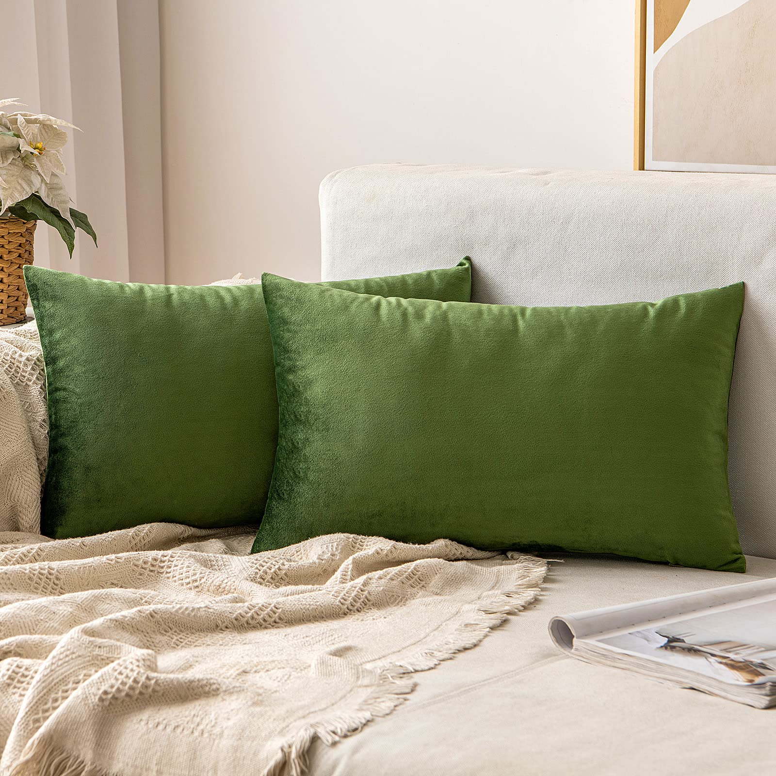 MIULEE Velvet Cushion Covers Soft Decorative Square Throw Pillow Case Pillowcases for Livingroom Sofa Bedroom with Invisible Zipper 12"x20" 30cm x 50cm 2 Pieces Matcha Green