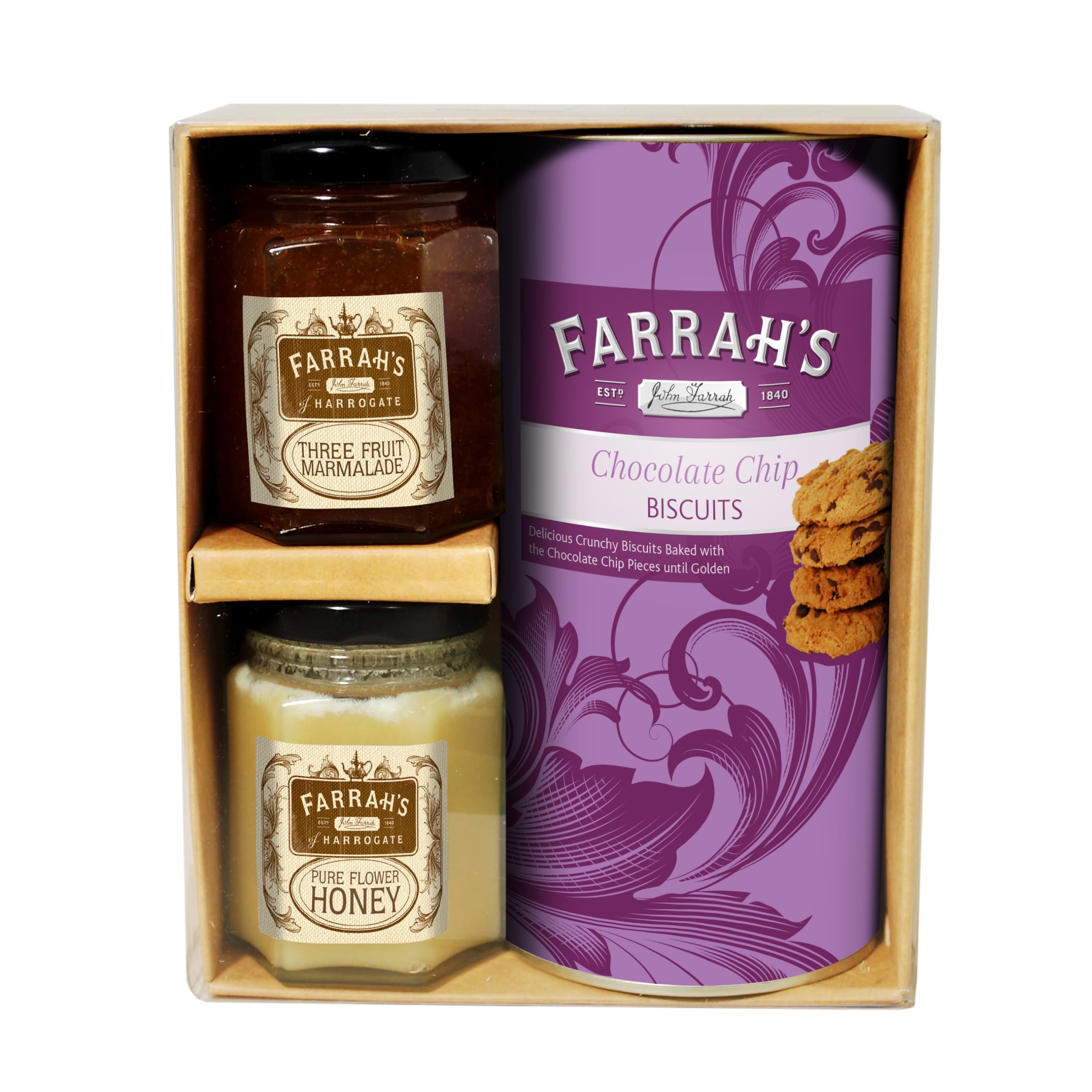 Farrah's of Harrogate - Honey, Preserve & Biscuit Gift Pack - Wild Flower Honey (114g) Three Fruit Marmalade (114g) & Chocolate Chip Biscuits (160g)