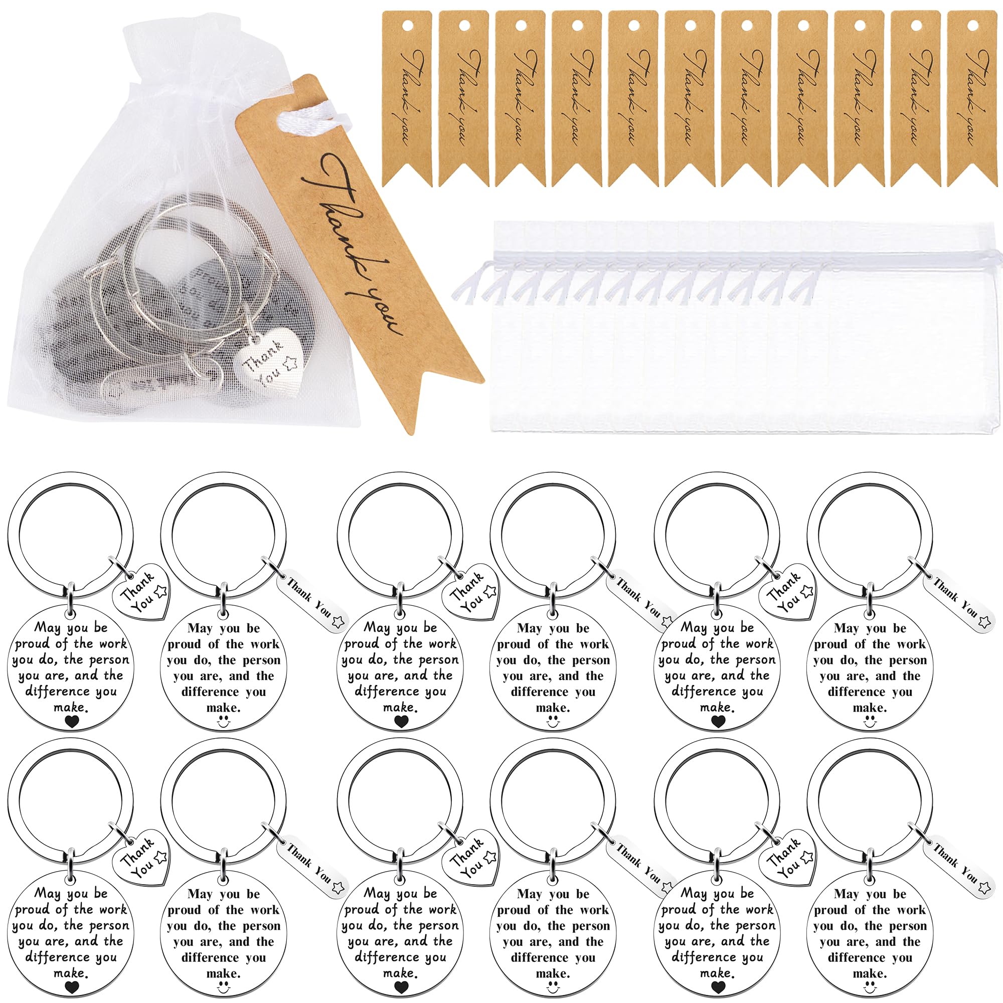 12 PCS Thank You Keyring Teacher Gifts Stainless Keychain Multipack Nursery Key Rings Women Leaving Presents for Work Colleagues with White Organza Bags & Appreciation Cards