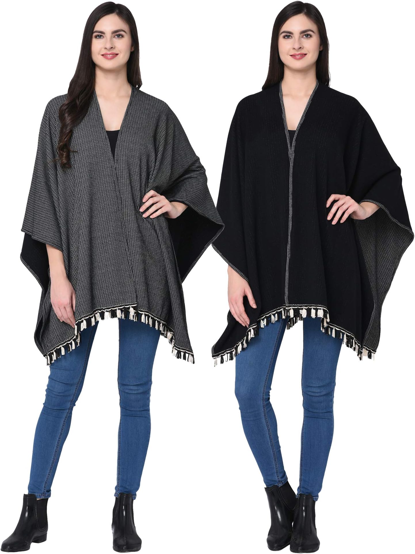 Women's Open Front V Cut Reversible Tassel Knitted Large Poncho Capes (Multicolour, Free Size)