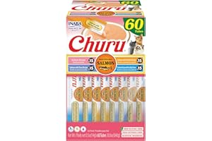 INABA Salmon Churu Cat Treats, Lickable, Squeezable Creamy Purée Cat Treat with Green Tea Extract & Taurine, 0.5 Ounces Each Tube, 60 Tubes, Salmon Variety Box