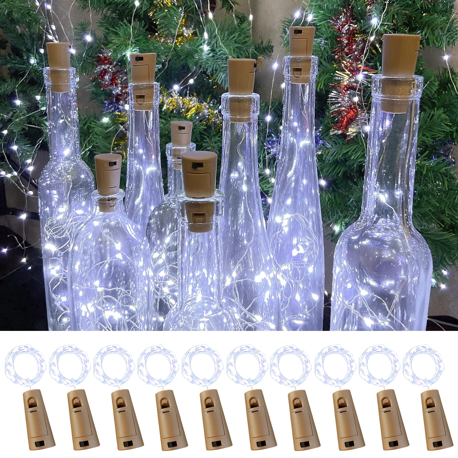 LEECOCO LED Bottle Light, Pack of 10, 2 m 20 LED Bottle Fairy Fairy Lights Bottle Corks for Christmas, Party, Wedding (Pack of 10, Cool White)