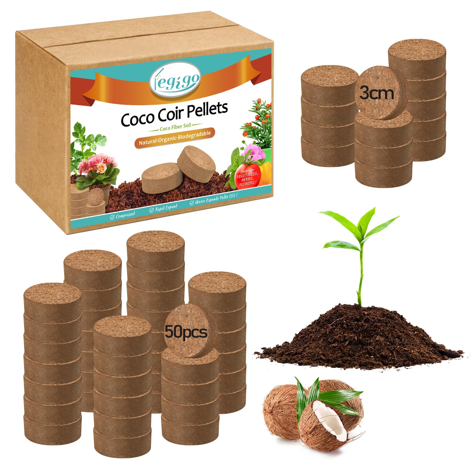 Photo 1 of Legigo 50 Pcs 30mm Coco Coir Pellets Seed Starting Soil Mix- Compressed Coconut Coir Pellets Potting Soil Pods for Seedling, Coco Peat Soil Discs for Indoor & Outdoor Plants, Herb Vegetables Flowers