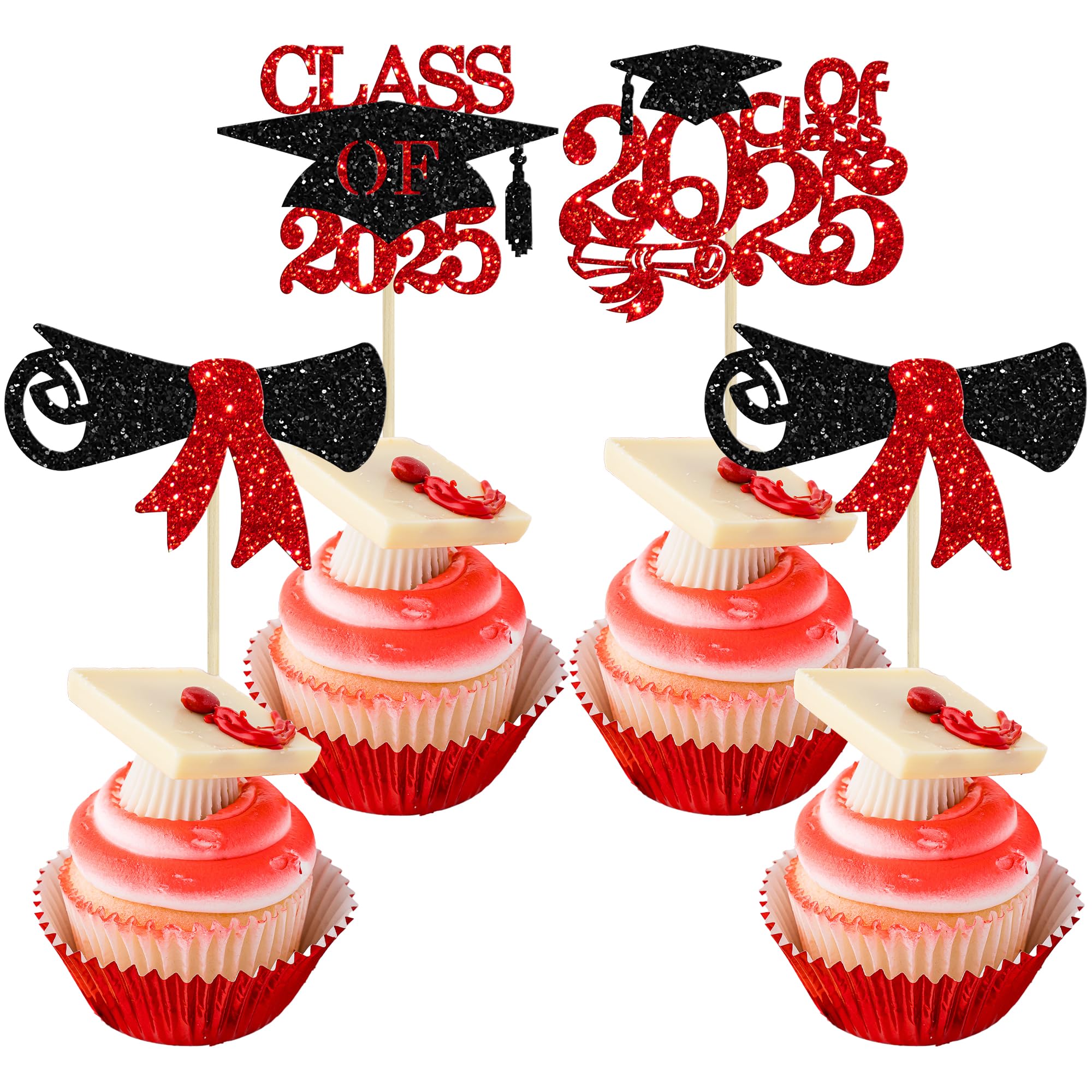 Gyufise 24Pcs Class of 2025 Cupcake Toppers Glitter Diploma Grad Cap ...