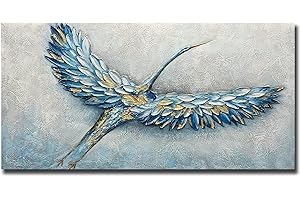 YOTREE Mirs Spread Wall Art 3D Oil Painting on Canvas Bule Wings Abstract Wall Art Wall Decoration Wood Inside Framed Hanging Ready to Hang 24x48 Inch