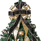Christmas Tree Topper Wreath Bow Christmas Decorations, 52 * 13 inches Tree Toppers Bow with Gold Ribbon for Xmas Tree Christmas Rustic Farmhouse Home Holiday Party Decorations Black & Gold