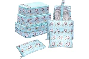 VAYEEBO 7Pcs Travel Bags Clothes Packing Cube Luggage Organizer with Shoes Bag (Sky blue rainbow horse)