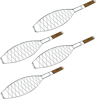 ToCis Big BBQ 4X Fischgriller (Silber) mit Holzgriff | Große Fischbräter aus Metall (57 x 13 cm)