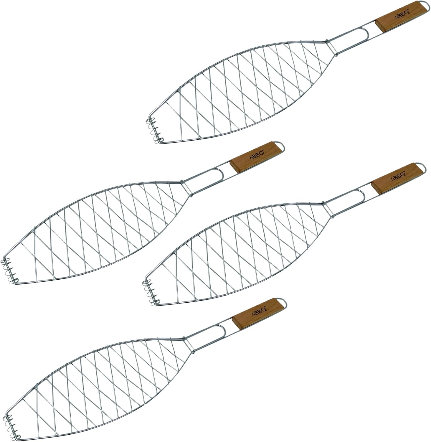 ToCis Big BBQ 4X Fischgriller (Silber) mit Holzgriff | Große Fischbräter aus Metall (57 x 13 cm)