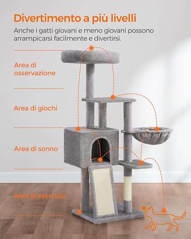 Albero per Gatti, Tiragraffi Piccolo da 135 cm, Condominio per Gatti in Peluche a più Livelli con Copertura per Trespolo Rimovibile Lavabile, Graffiatoio, Cesto, Grotta, Grigio Chiaro