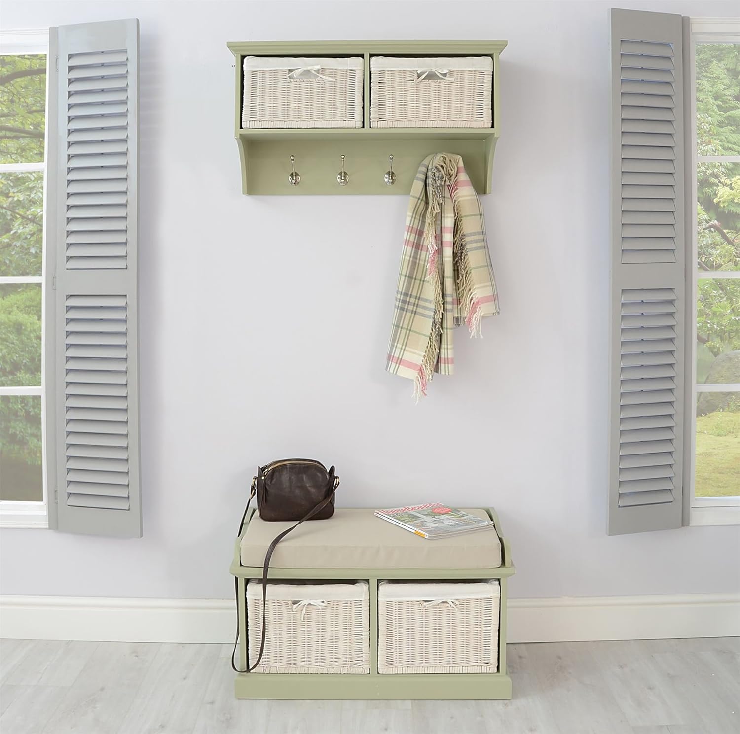 Tetbury Coat Rack and Storage bench. Fully assembled hanging shelf in