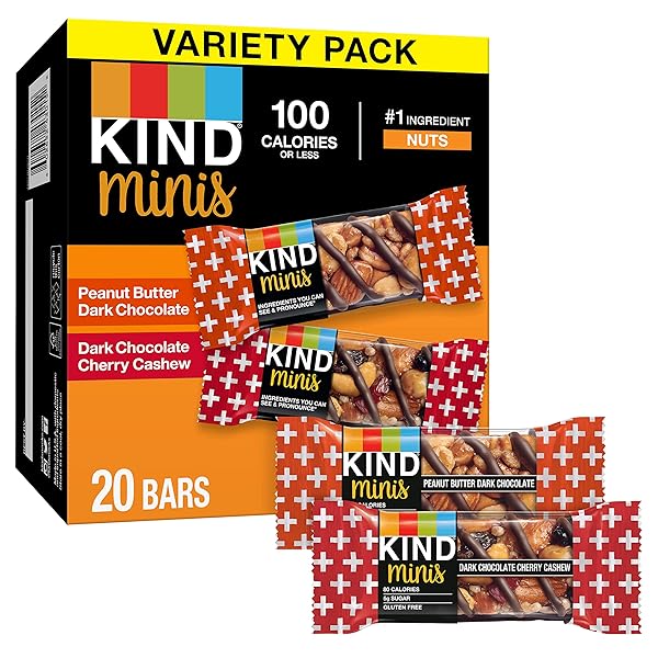 KIND MINIS BARS, PEANUT BUTTER DARK CHOCOLATE AND DARK CHOCOLATE CHERRY CASHEW, GLUTEN FREE, VARIETY PACK, 0.7 OZ, (PACK OF 20)