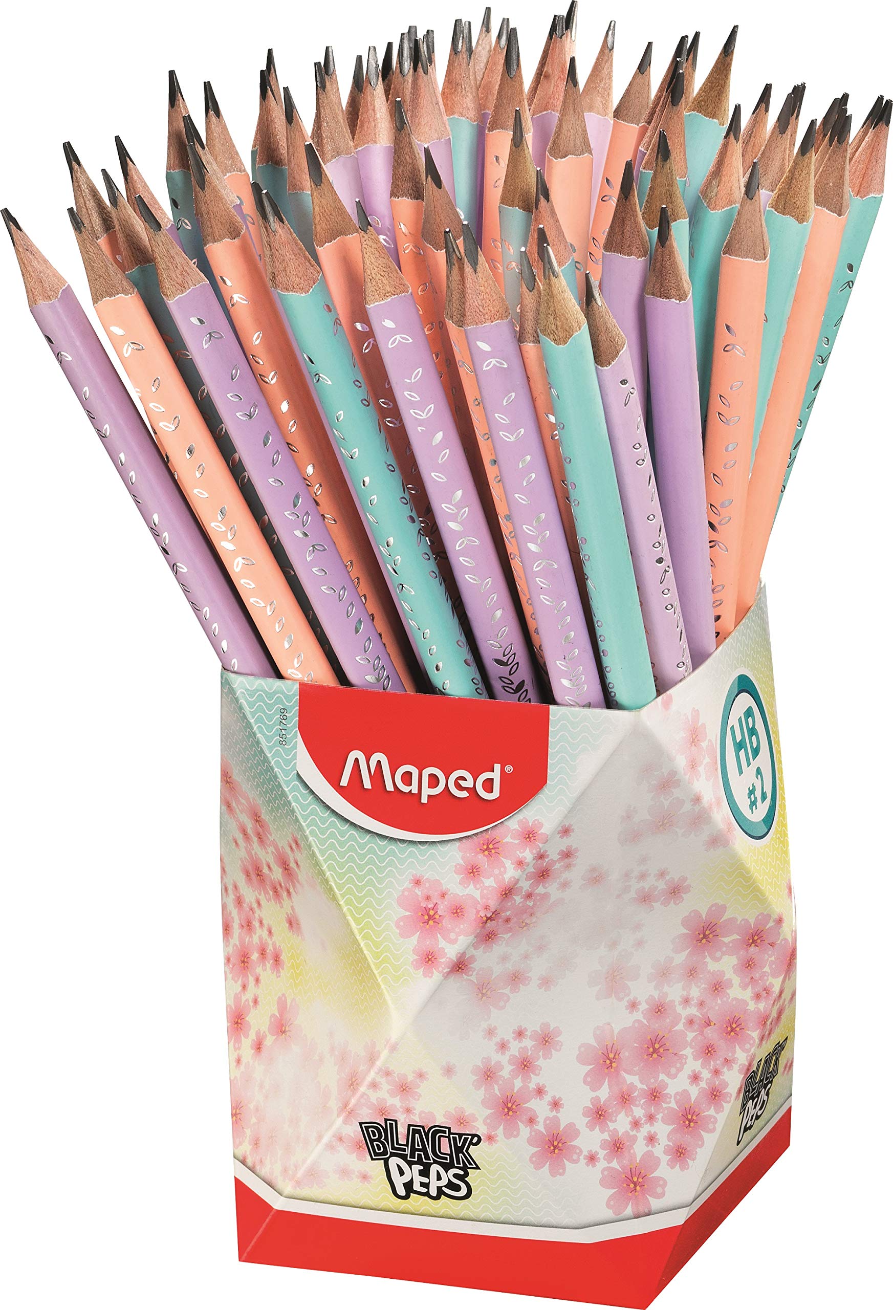 Maped - Graphite HB #2 Black'Peps Pastel Pencils - Pastel Wooden Pencils with Eraser - Ergonomic Triangular Shape - Multicoloured - Pot of 72 HB Pencils No. 2