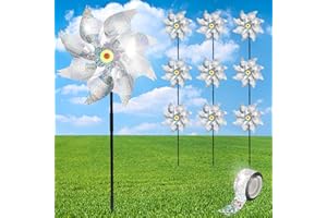 YORR 10Pack Pinwheels for Yard and Garden, Reflective Pinwheels to Scare Birds Away, Sparkly Sliver Pin Wheels with Bird Scare Tape for Outside (Pack of 10)