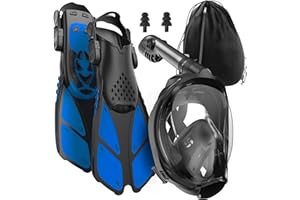 COZIA DESIGN Snorkeling Gear for Adults with Fins - Full Face Snorkel Mask and Swim Fins, 180° Panoramic View Snorkel Mask, Anti Fog and Anti Leak Adult Snorkel Set