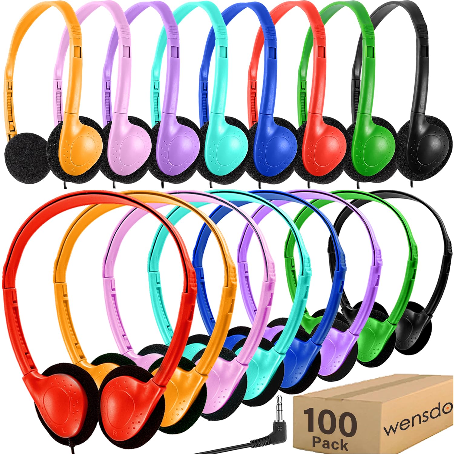 Wensdo 100 Pack Bulk Headphones for Classroom School Kids, Wholesale Class Set Durable Headset for Student Boys Girls Adults, Wired Earphones with 3.5mm Jack for Computer Chromebook (HY857,100 Mixed)
