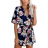 Relipop Women's Summer Romper Floral Print V Neck Flared Half Sleeve Elastic Tie Waist Ruffle Casual Rompers Jumpsuits