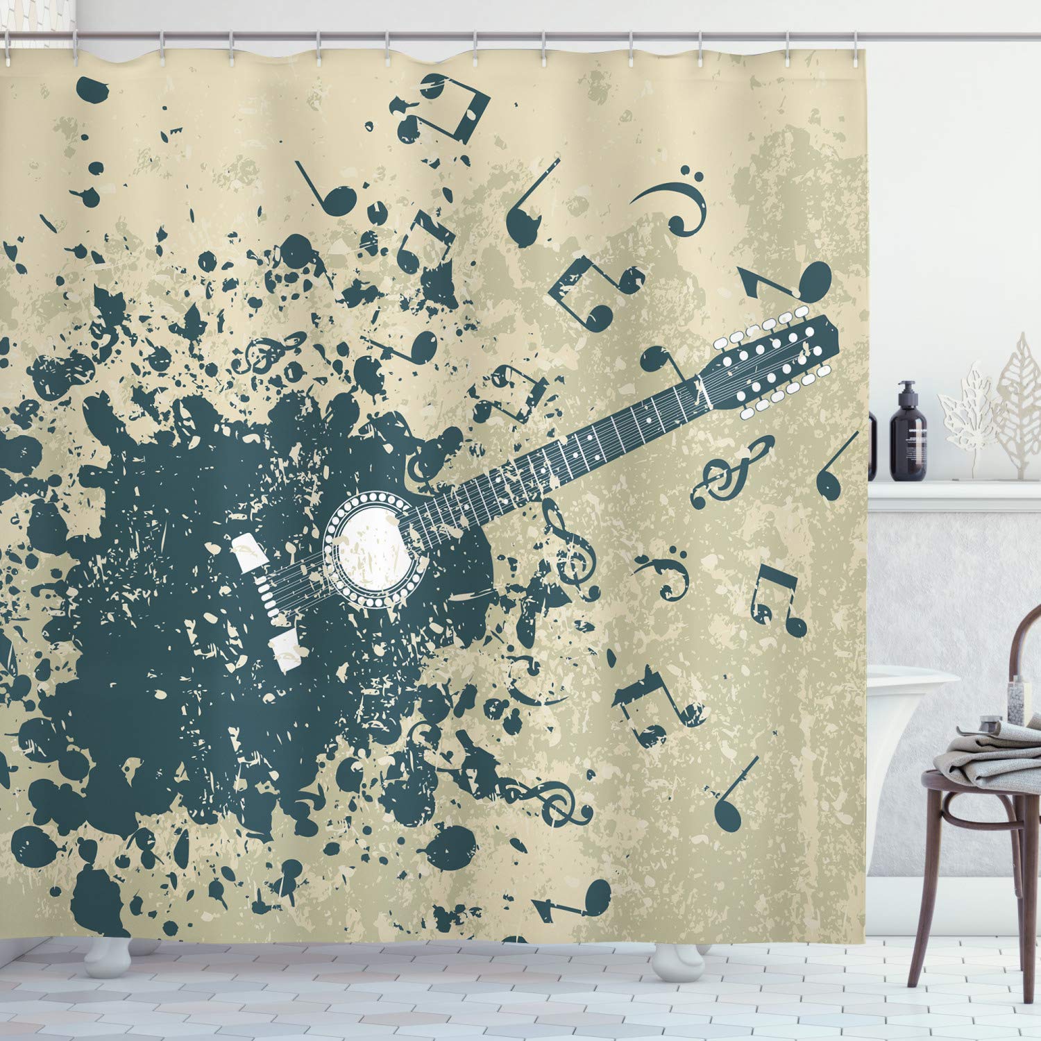 ABAKUHAUS Modern Shower Curtain, Acoustic Guitar on Retro Murky Background Music Notes Melody Illustration, Cloth Fabric Bathroom Decor Set with Hooks, 175 x 180 cm, Beige Dark Blue — image 1