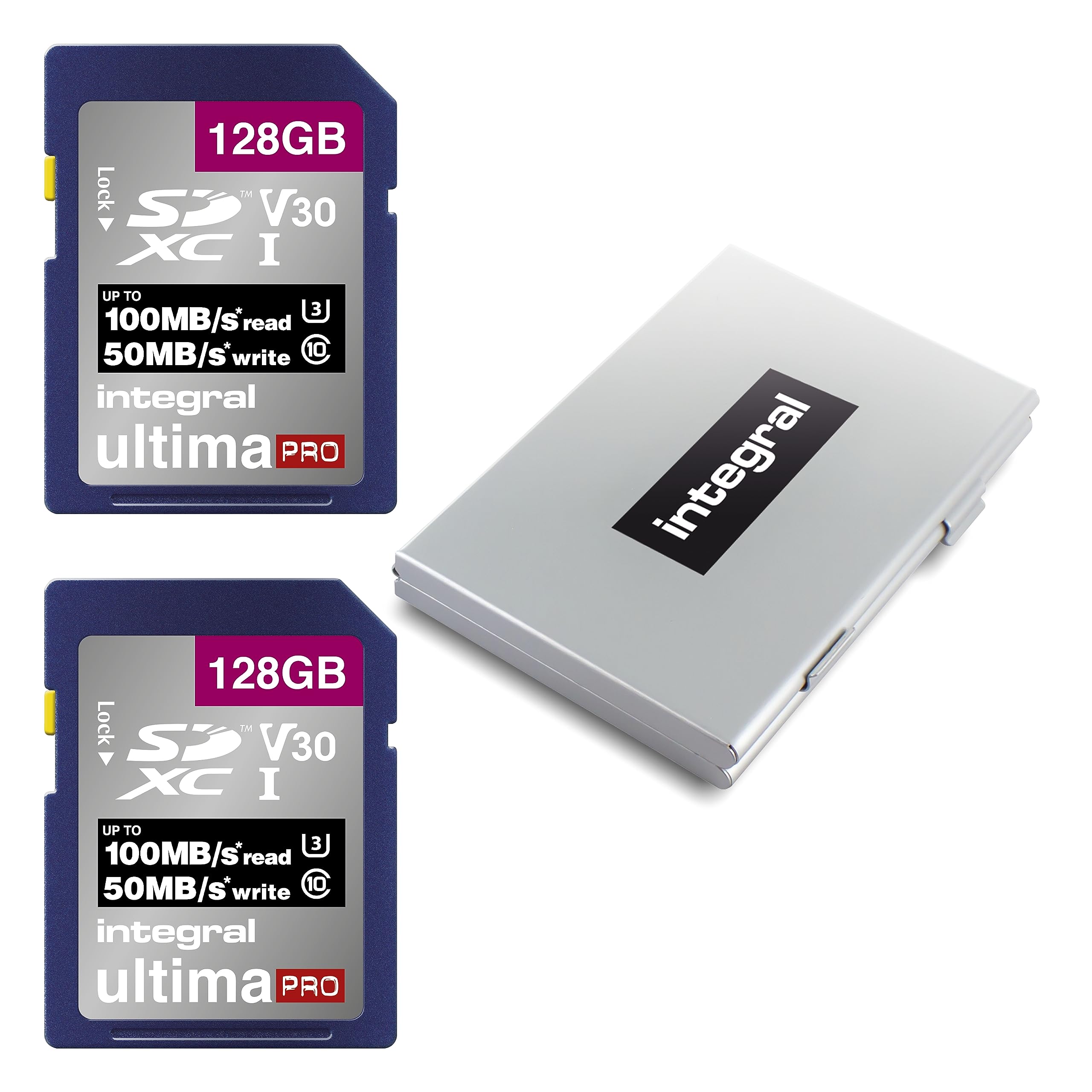Integral 128GB SD Card 2-Pack 4K Ultra-HD Video Premium High Speed Memory Card SDXC Up to 100MB/s SDXC V50 UHS-I U3 Class 10 SD Memory Card