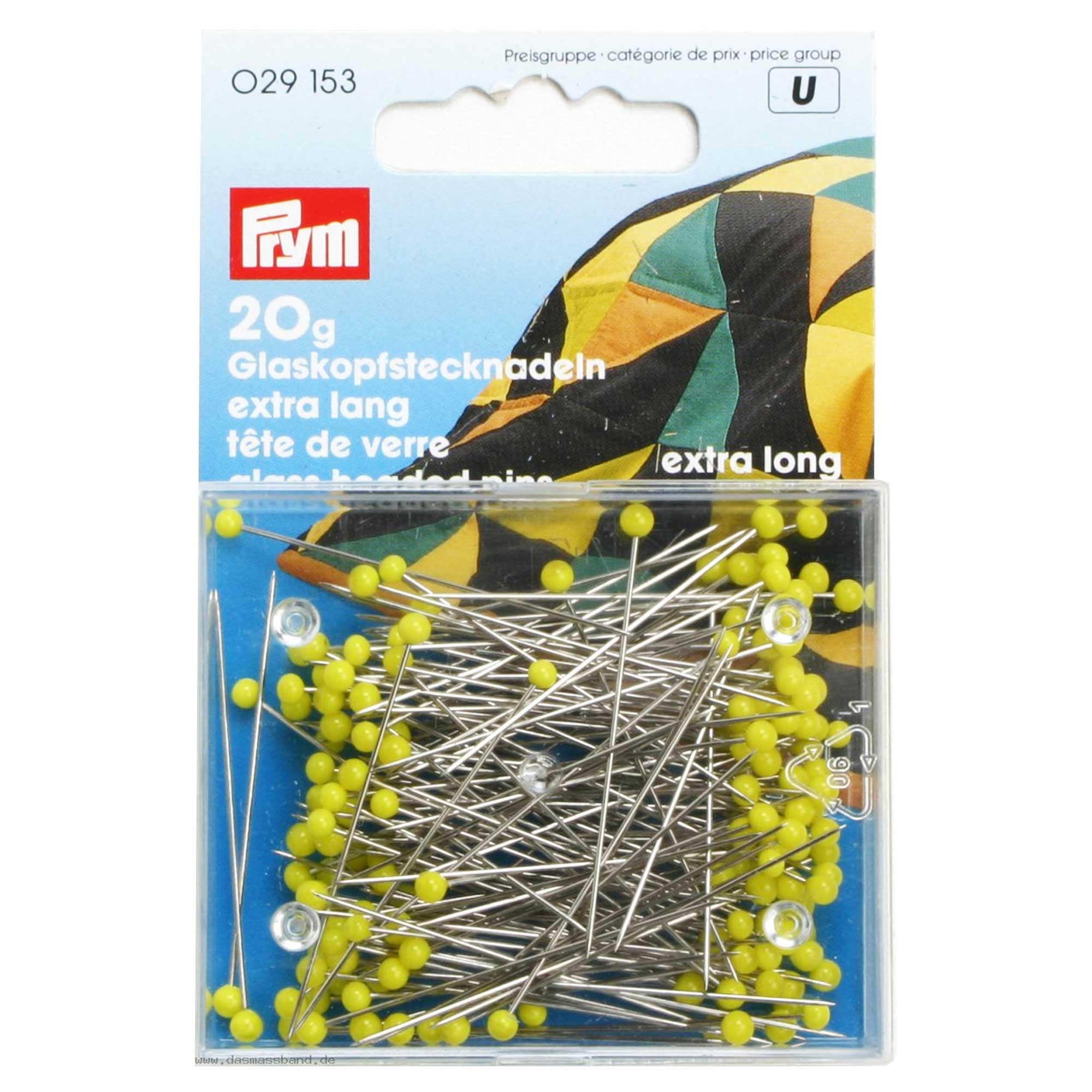 Prym PRYM_029153-1 0.60 x 43 mm Extra Long Glass Headed Pins, Yellow
