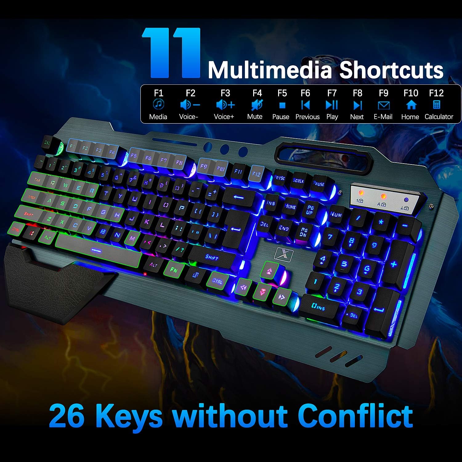 Wireless Gaming Keyboard and Mouse,Rainbow Backlit Rechargeable Keyboard Mouse with 3800mAh Battery Metal Panel,Removable Hand Rest Mechanical Feel Keyboard and 7 Color Gaming Mute Mouse for PC Gamers: Computers & Accessories