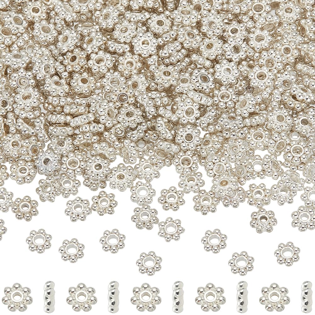 SOFPLATE 1 Box 600Pcs Silver Daisy Bead 6mm Flower Spacer Beads Bulk Tibetan Metal Alloy Mini Round Snowflake Rondelle Loose Charms Bead for jewellery Making Supplies DIY Bracelets Necklaces Earrings