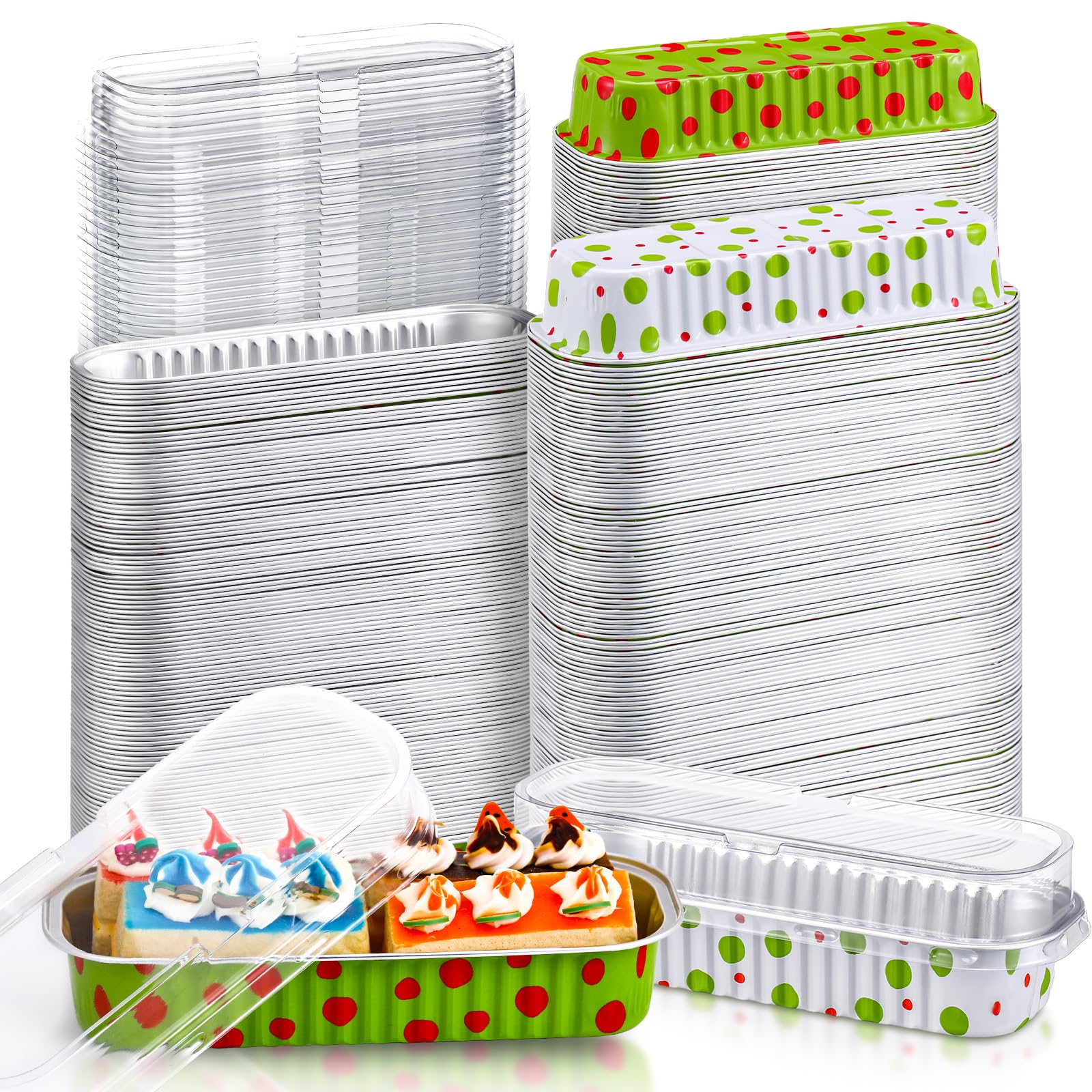 Photo 1 of Ziliny 200 Pcs Christmas Aluminum Foil Mini Loaf Pans with Lids 6.7 oz Christmas Baking Pans Lime Green and Red Disposable Cookie Tins Polka Dots Cake Tin for Xmas Party Supplies Gift Giving