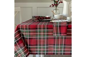 Benson Mills Holiday Plaid Yarn Dyed Fabric Table Cloth, Holiday, Winter, and Christmas Tablecloth (60" X 104" Rectangular, Red)