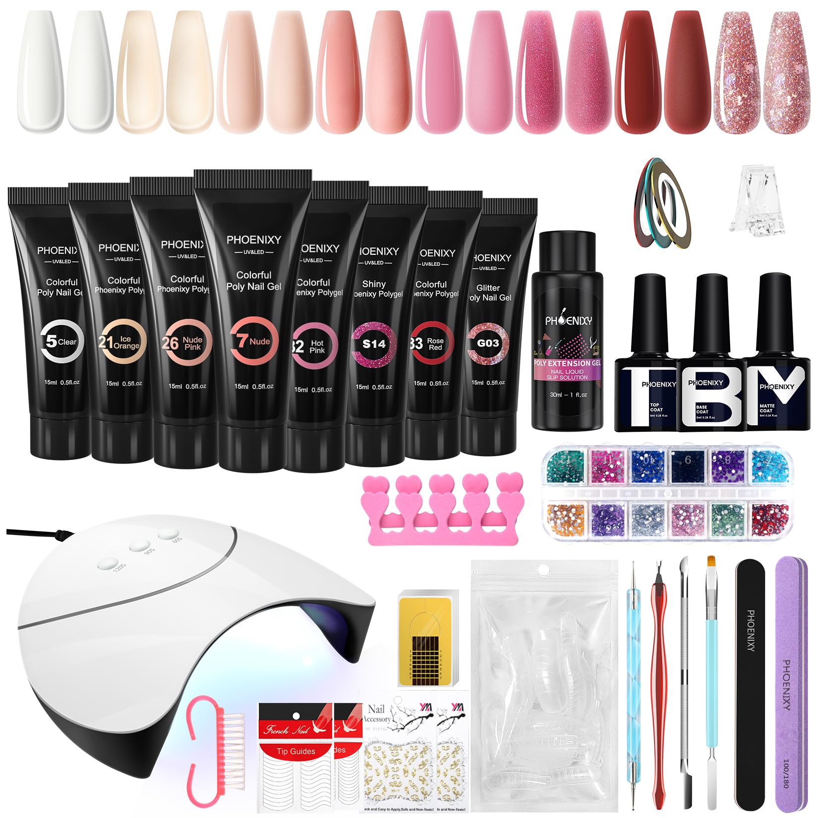 Phoenixy Poly Nail Gel Extensions Kit, 8 Colours Poly Builder Gel Nail Kit with 36W U V/LED Lamp Extension Gift Set for Nail Art Lovers — image 1
