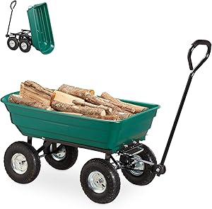 Relaxdays Dump Cart, Garden Wagon Tipping Function, Outdoor Transportation, Steering Axle, Up to 200kg, Air Tires 3.50-4, Steel, Plastic, Rubber, Green