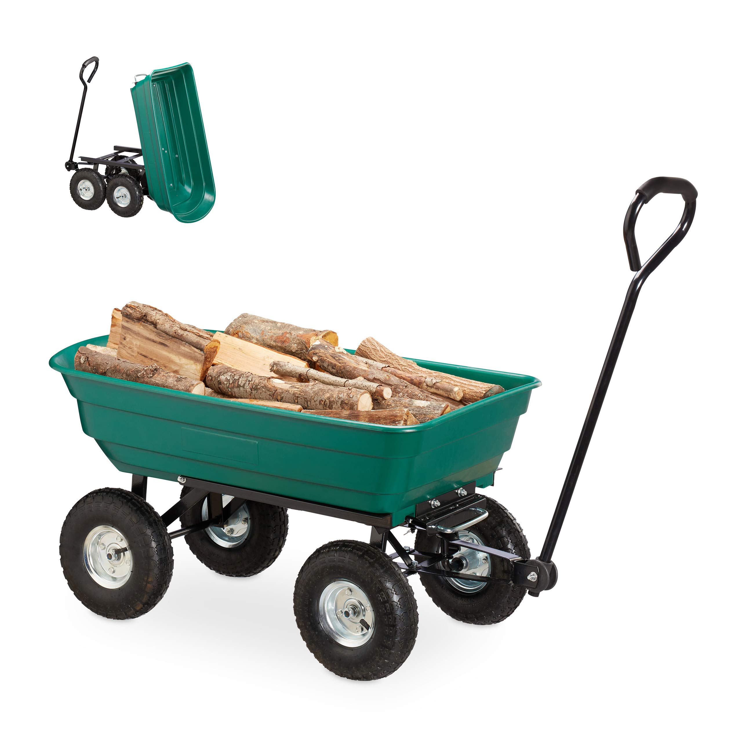 Relaxdays Wheelbarrow, Dump Cart, Garden Wagon Tipping Function, Steering Axle, Up To 200kg, 3.50-4" Tyres, Green