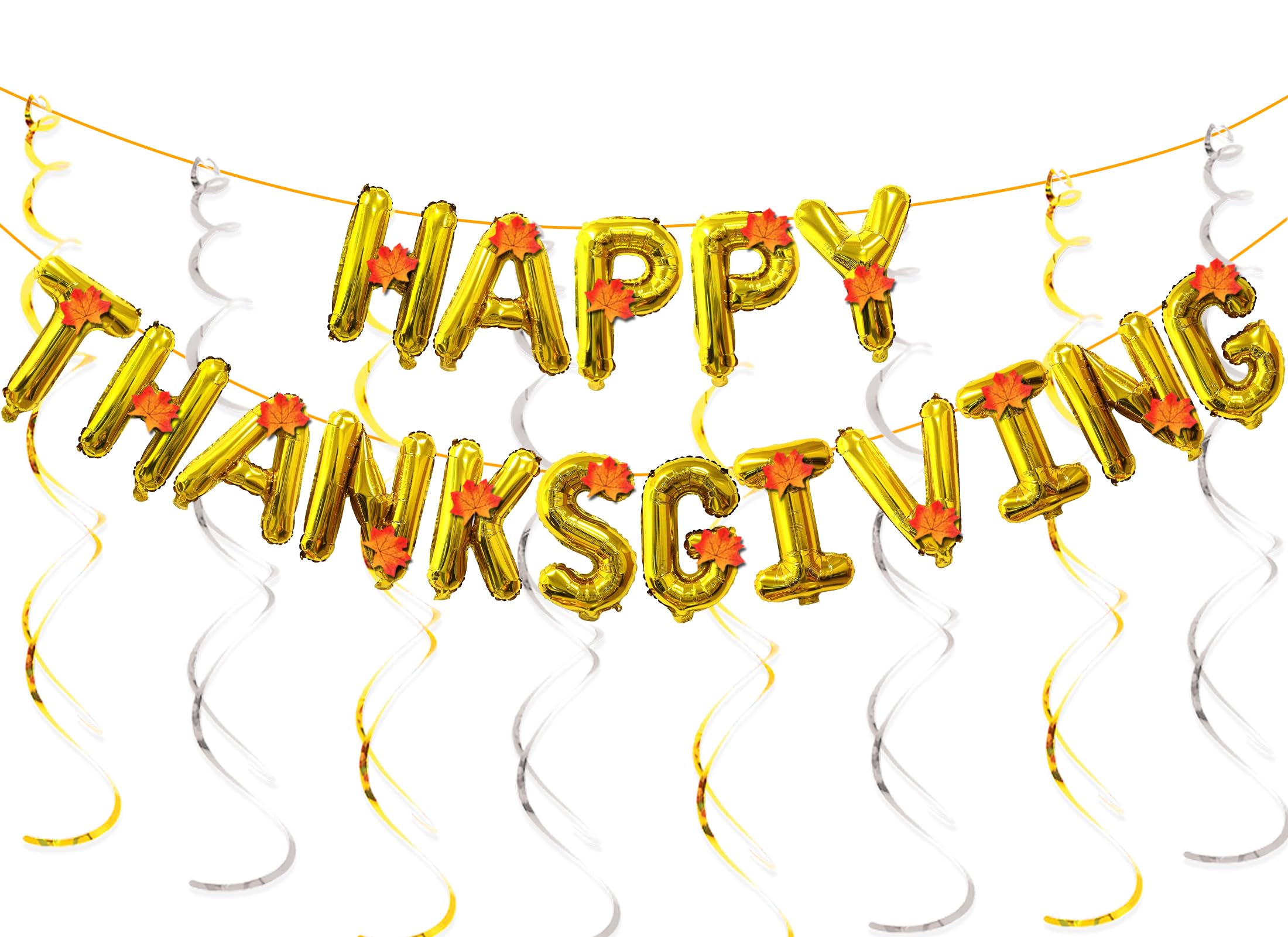 Photo 1 of 16inch Gold Happy Thanksgiving Banner Balloons, Thanksgiving Party Decorations Thanks giving Sign with Hanging Swirls Maple Leaves for Friendsgiving Thanksgivings Decor Indoor Outdoor