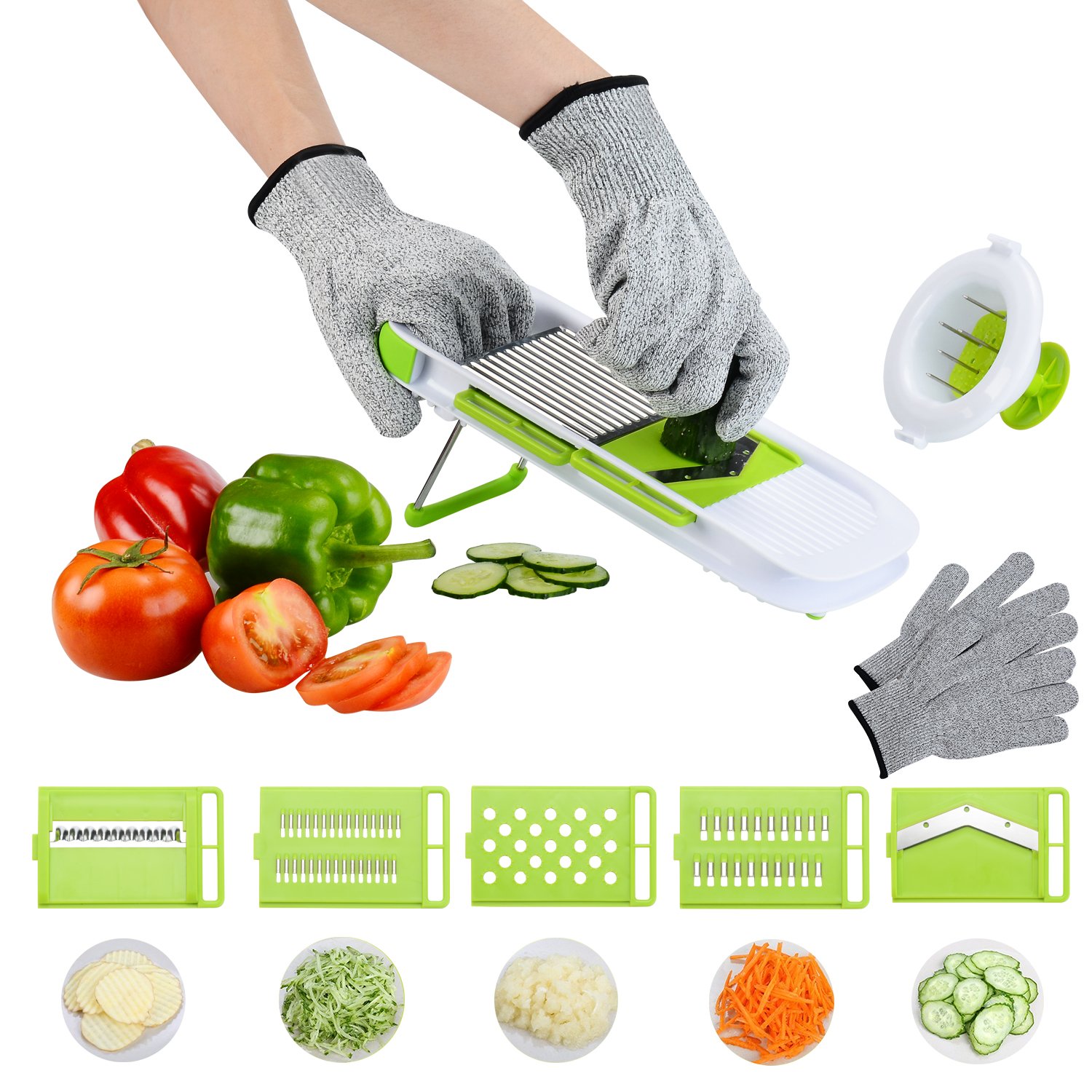Mandoline Slicer with Free Cut resistant gloves, Potato Slicer-Vegetable Chopper Slicer with 5 Pieces Adjustable Stainless Steel Blades
