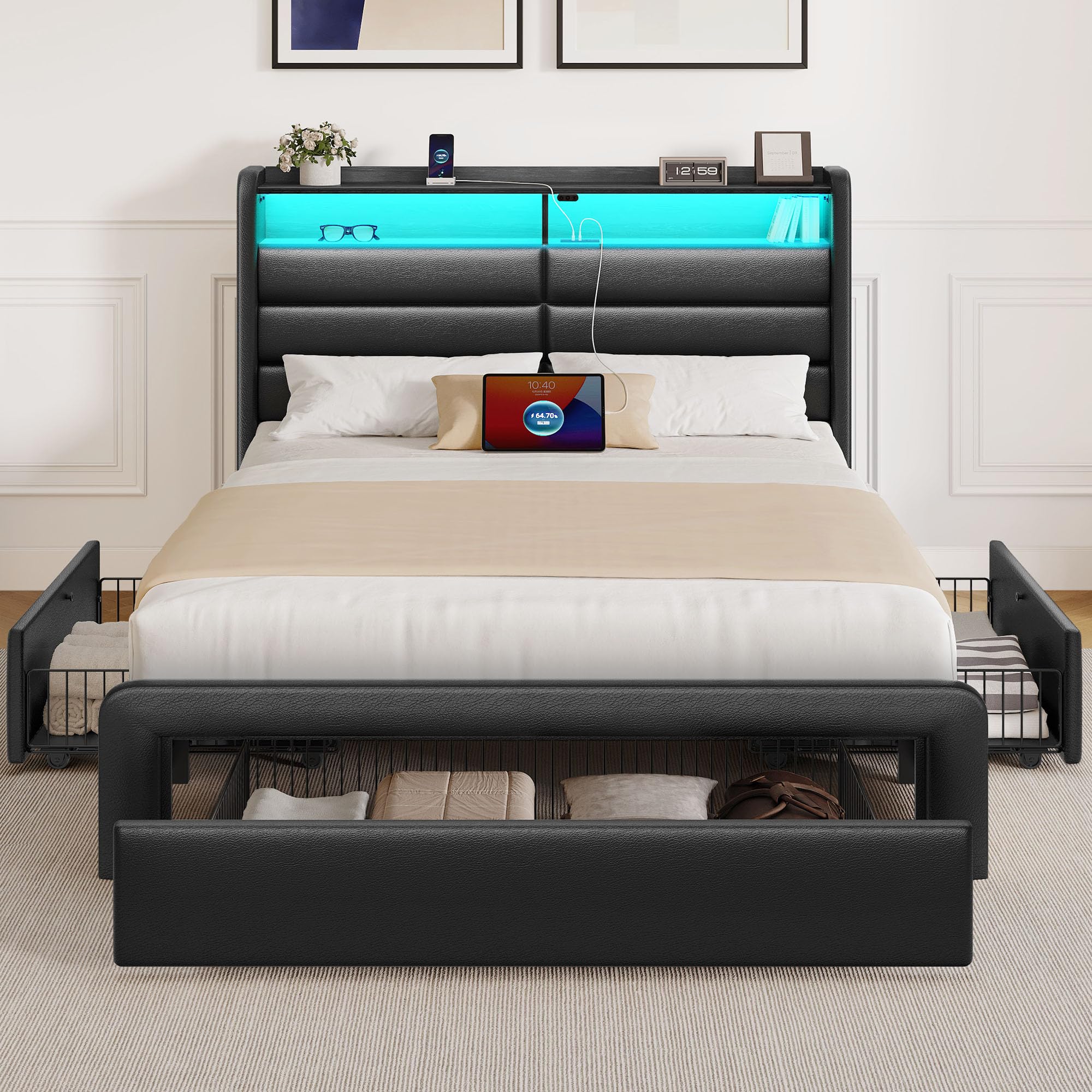 Seventable Twin Size Bed Frame with 3 Storage Drawers & Charging Station, Upholstered Platform Bed with Storage Headboard and LED Light, No Box Spring Needed, Noise Free, Easy Assembly, Black Image