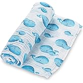 LollyBanks Muslin Swaddle Blanket, 100% Muslin Cotton Swaddles for Baby Boys Breathable and Lightweight, 47 X 47 Inches Newborn Receiving Blanket for Boys, Baby Essential, Registry (Whale Print)
