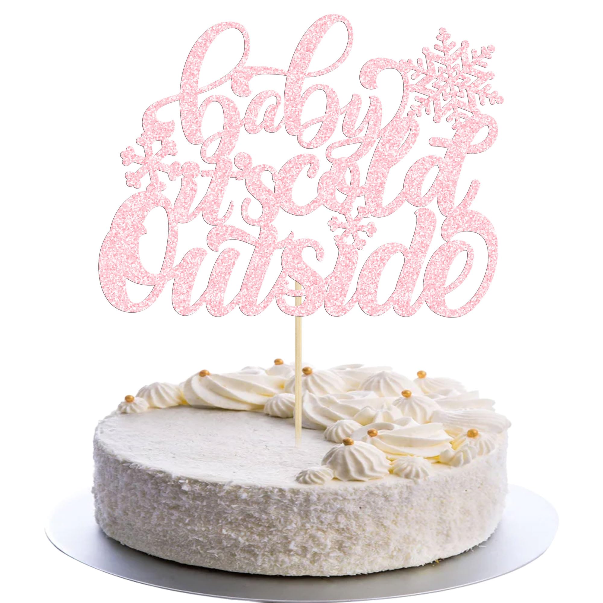 Gyufise 1 Pack Pink Glitter Baby It's Cold Outside Cake Topper Winter Baby Shower Decoration Christmas Snowflake Cake Decorations Happy New Year Xmas Holiday Party Supplies