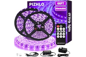 PIZHLO 66ft Dimmable Black Light Strip & Remote, 1200 LEDs 12V Flexible LED Blacklight Strip, 20m LED Ribbon, Non-Waterproof Black Lights for Glow Party Birthday Halloween Christmas Party Body Paint