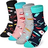 4 Pairs Novelty Themed Socks Unisex Crew Socks Funny Cute Socks for Retirement Women Nurse Gifts Student Graduation