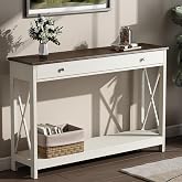 Treocho 47" Farmhouse Console Table with Drawer and Storage Shelves, Foyer Sofa Table Narrow for Entryway, Living Room, Hallway, Antique White &amp; Brown