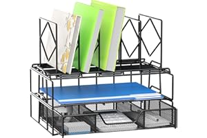 MINDEPOT 2 Tray Desk File Organizer with 5 Section Vertical ​File Holder with Drawer, Metal Paper Tray File Holder Sorter Desk Organizers and Accessories for Office School
