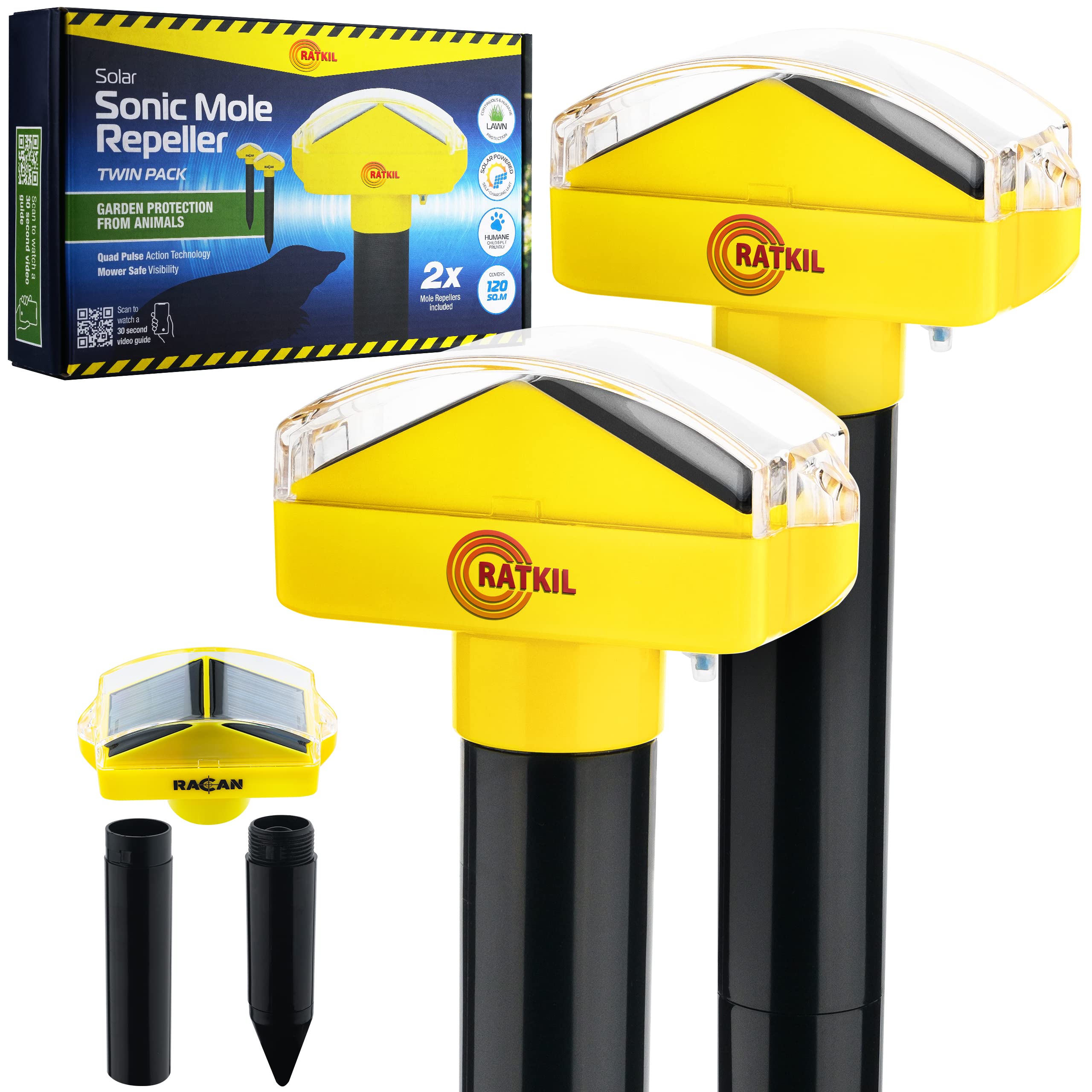 RatKil Mole Repellent (Pack of 2) Powerful Ultrasonic Mole Repeller | Highly Effective Lawn & Garden Protection - Waterproof, Humane & Solar Powered Animal Repeller & Mole Deterrent