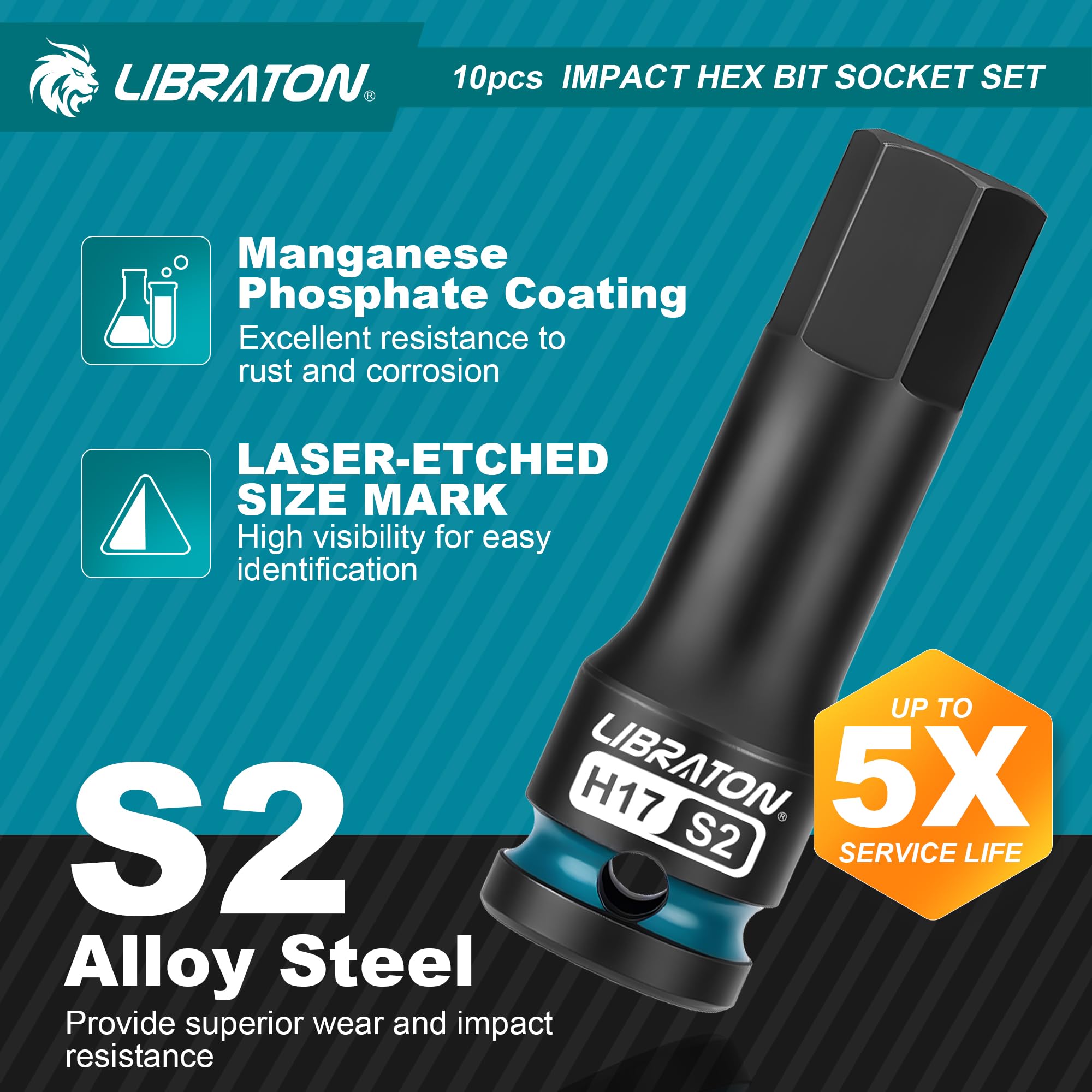 LIBRATON Schlag Hex Bit Steckschlüssel Set, 1/2” Kraft, S2-Stahl, 10-tlg Schlag-Sechskant-Bit-Steckschlüsselsatz H5-H19, Hex-Steckschlüssel, XPE-Aufbewahrung, Autoreparatur 2