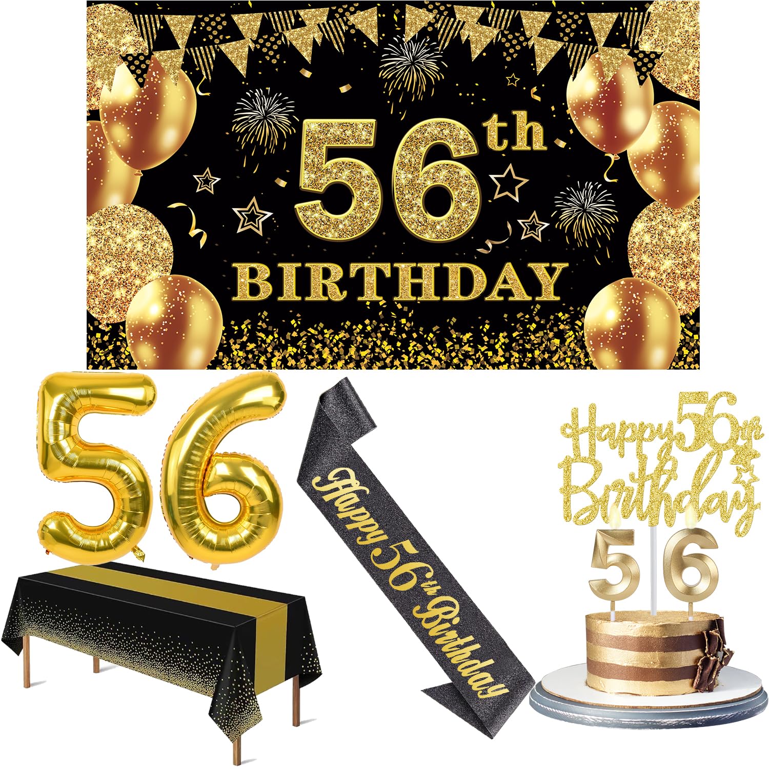 Photo 1 of 56th Birthday Decorations Men Women with 56th Birthday Banner, Black and Gold Table Cloth, Number Balloons, Large Sash, Cake Topper and Candles