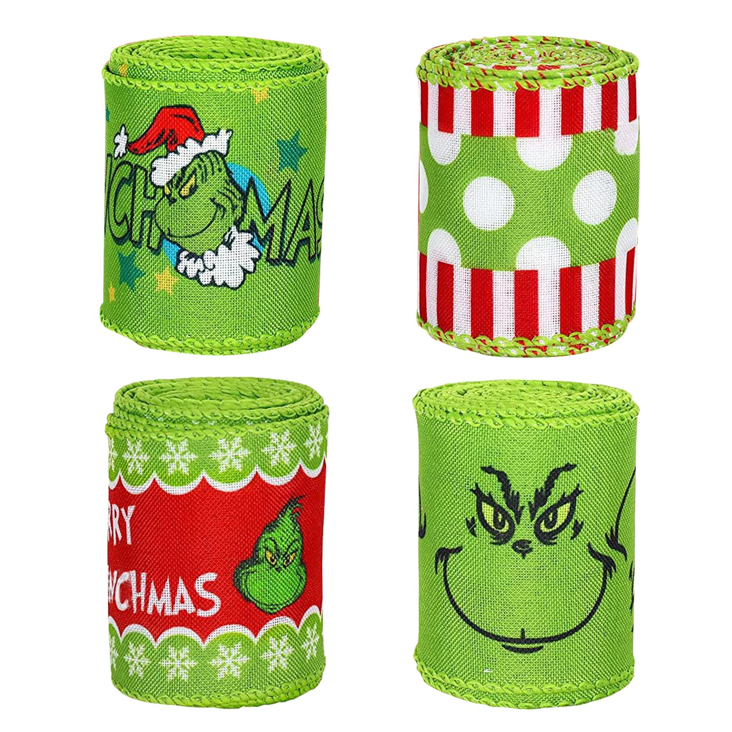 XNHIU 4 Rolls Christmas Wired Edge Ribbon - 24 Yards Xmas Cartoon Character Pattern Gift Wrapping Ribbon for Xmas Tree Decoration