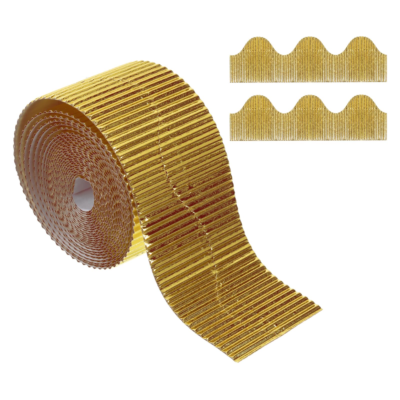 PATIKIL 3.9inch x 49.2ft Bulletin Board Border, Scalloped Trim Paper Corrugated Paper for Locker Classroom Decor Black White Cork Poster Boards, Gold