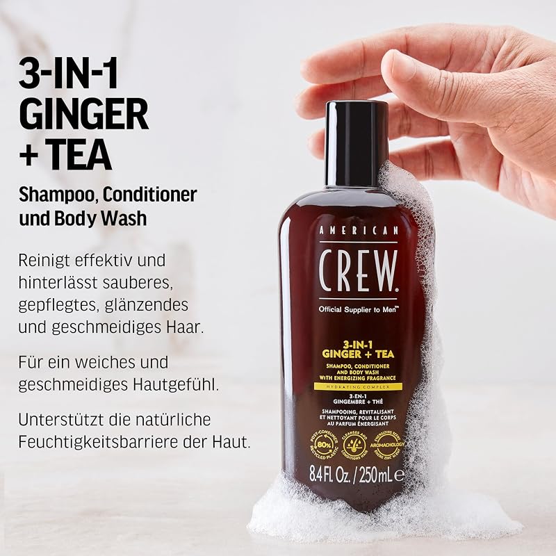 – 3-in-1 Ginger & Tea Shampoo, Conditioner & Body Wash, 250ml, Pflegeshampoo und Duschgel für Männer, Produkt für die tägliche Reinigung von Körper und Haar