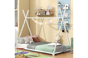BELLEMAVE Twin Size House Beds, Metal Floor Bed Frame, Triangle Structure, Kids Teepee Bed for Boys Girls Teens, White